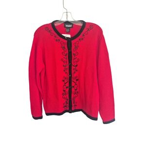 Designers Originals Studio Red Black Beaded Floral‎ Cardigan Sweater M